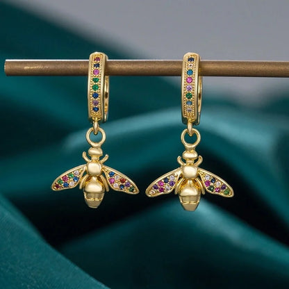 1 Pair Vintage Style Tortoise Moon Bee Plating Inlay Copper Rhinestones 18k Gold Plated Drop Earrings