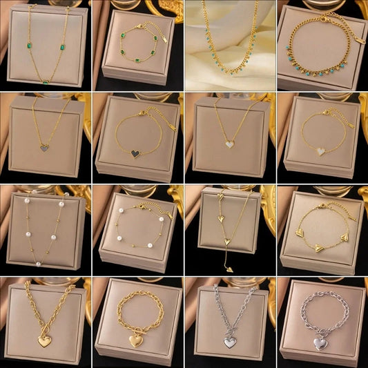 Sweet Heart Shape Titanium Steel Shell Zircon Pearl Inlay Bracelets Necklace