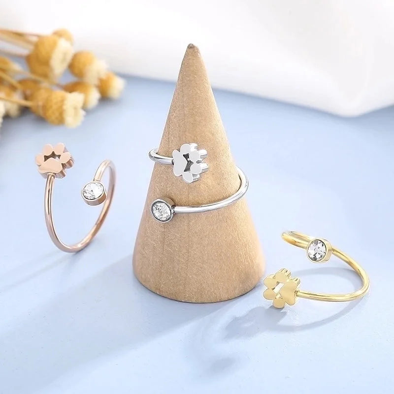 Fashion Paw Print Titanium Steel Zircon 18K Gold Plated Polishing Inlay Stainless Steel Rings