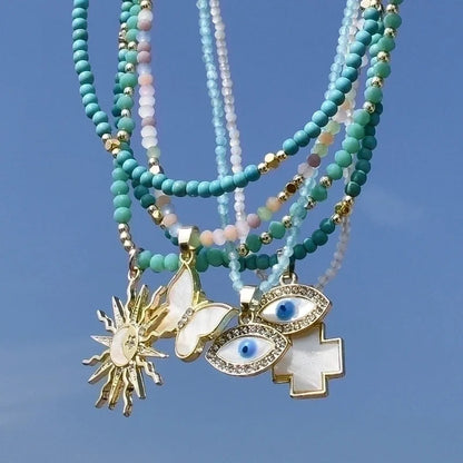 2 Pieces Elegant Lady Devil\'S Eye Butterfly 304 Stainless Steel Artificial Crystal Turquoise Gold Plated Pendant Necklace In Bulk