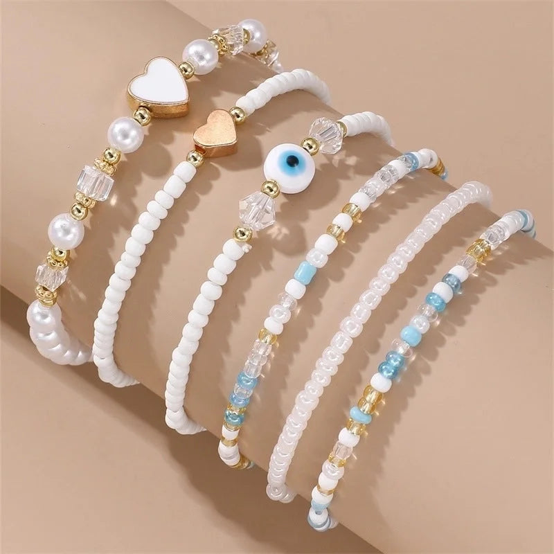 Bohemian Classic Style Devil's Eye Heart Shape Imitation Pearl Seed Bead Bracelets
