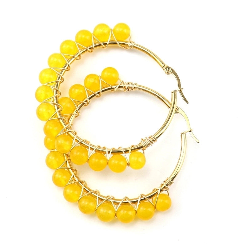 1 Pair Retro Minimalist Round Beaded Plating Natural Stone Copper Hoop Earrings