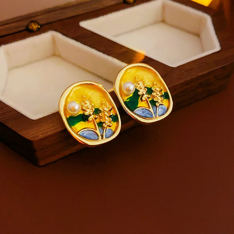 Medieval Flower Geometric Flower Copper Oil Dripping Earrings