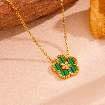 Sweet Minimalist Flower Titanium Steel Artificial Gemstones Turquoise Shell Inlay Jewelry Set