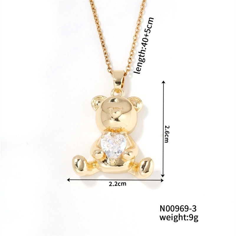304 Stainless Steel Copper K Gold Plated Cute Sweet Korean Style Three-dimensional Inlay Little Bear Zircon Pendant Necklace