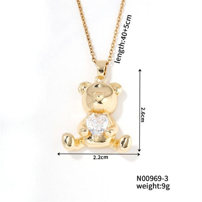 304 Stainless Steel Copper K Gold Plated Cute Sweet Korean Style Three-dimensional Inlay Little Bear Zircon Pendant Necklace