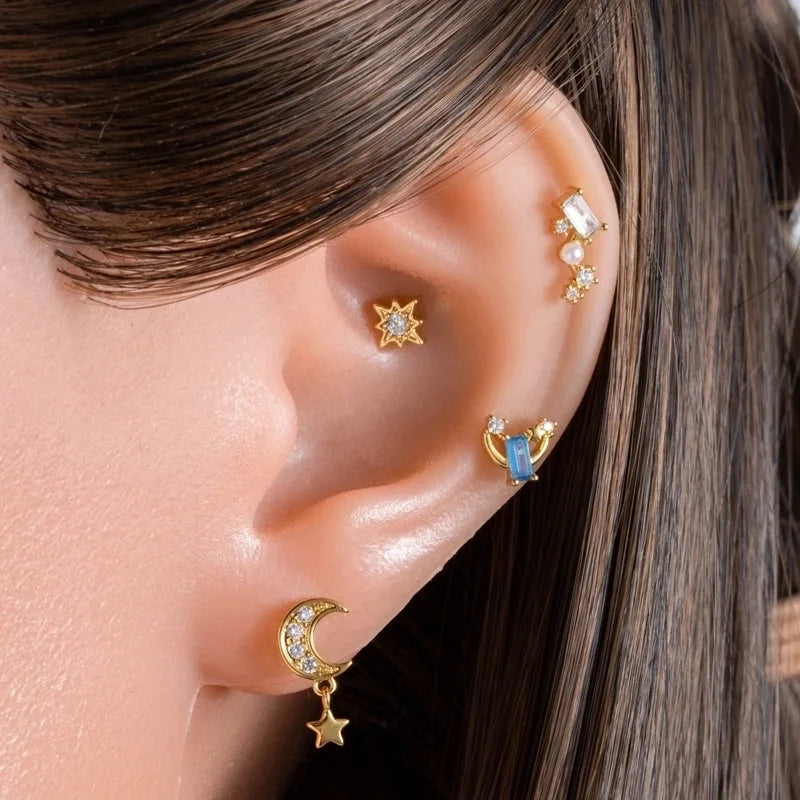 Henson New Copper Inlaid Zircon Star Moon Flower Screw Thin Rod Titanium Steel Ear Bone Stud Cartilage Piercing Earrings