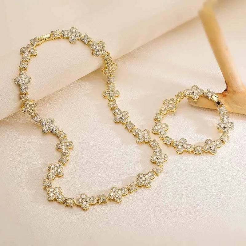 Elegant Shiny Cross Star Copper Zircon 18K Gold Plated Inlay Bracelets Necklace