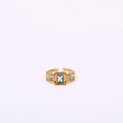 Classic Style Rectangle 304 Stainless Steel Zircon 18K Gold Plated Inlay Open Rings