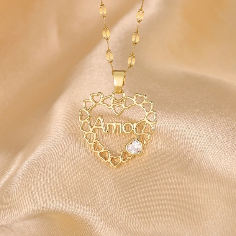 Hip-Hop Minimalist Shiny Heart Shape 304 Stainless Steel Copper Zircon 18K Gold Plated Inlay Pendant Necklace