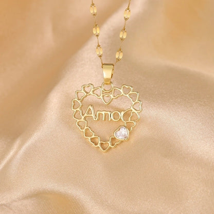 Hip-Hop Minimalist Shiny Heart Shape 304 Stainless Steel Copper Zircon 18K Gold Plated Inlay Pendant Necklace