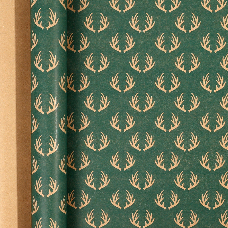 Large Size Gift Wrapping Paper Roll Brown Christmas Reindeer Head Elk Green Plaid Gift Box Recyclable Gift Paper
