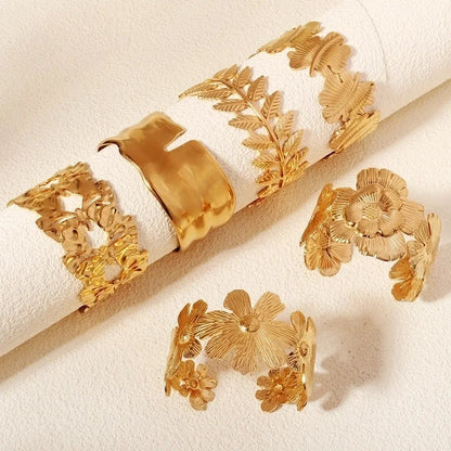 Modern Style Geometric Plant 304 Stainless Steel 18K Gold Plated Bangle In Bulk