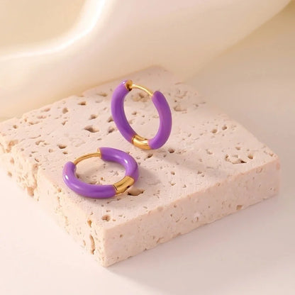 [Whole Titanium Steel] Fashion Colorful Oil Necklace Earrings Geometric Round Titanium Steel Earrings