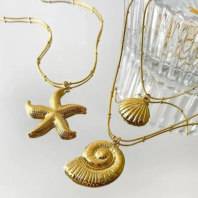 Marine Style Starfish Conch Shell 316L Stainless Steel 18K Gold Plated Pendant Necklace