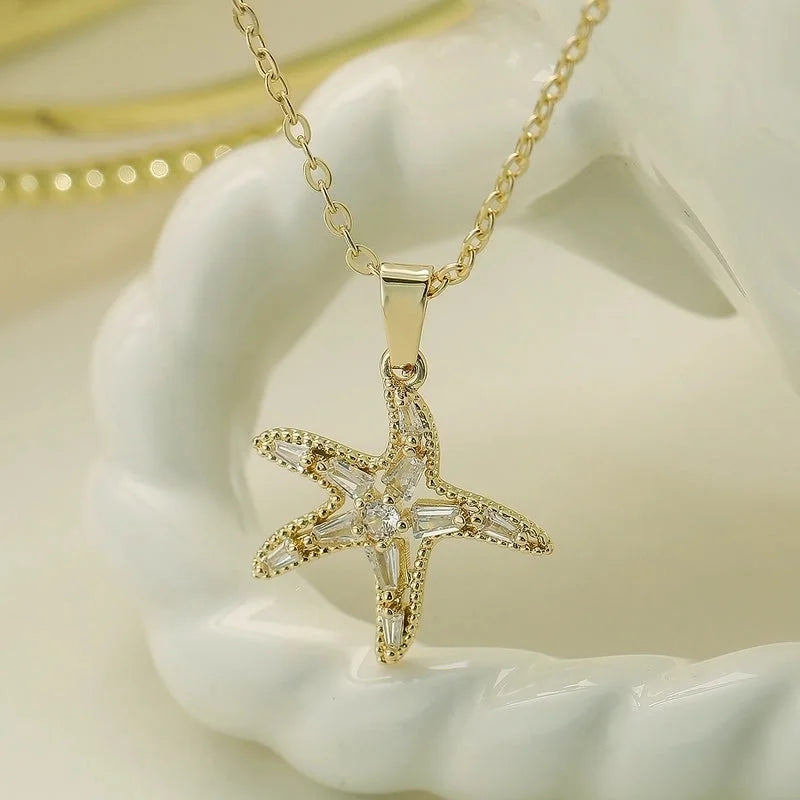 Copper 18K Gold Plated Beach Minimalist Commute Plating Inlay Starfish Zircon Pendant Necklace