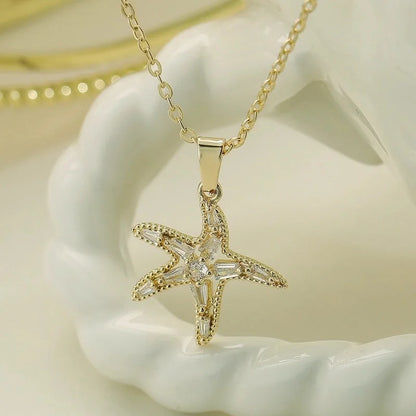 Copper 18K Gold Plated Beach Minimalist Commute Plating Inlay Starfish Zircon Pendant Necklace