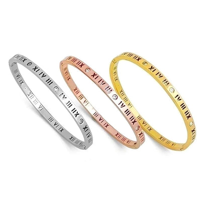 Minimalist Roman Numeral Titanium Steel 18K Gold Plated Artificial Rhinestones Bangle In Bulk
