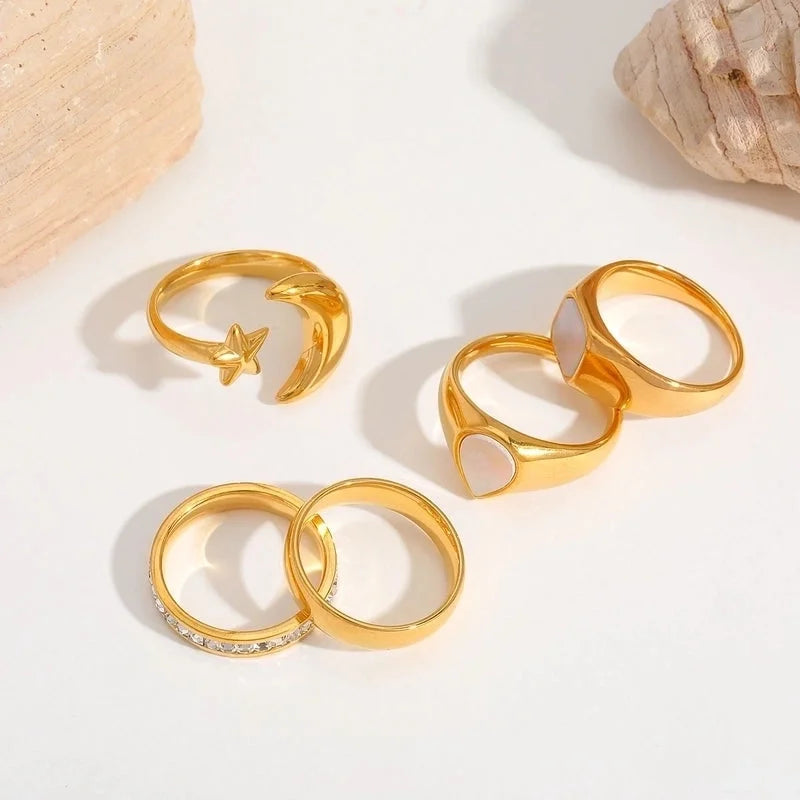 Elegant Minimalist Moon Water Droplets Rectangle 304 Stainless Steel Acrylic Zircon 18K Gold Plated Inlay Open Rings