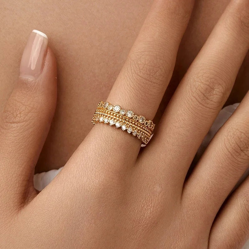 Copper 18K Gold Plated Inlay Semicircle Round Petal Zircon Open Rings