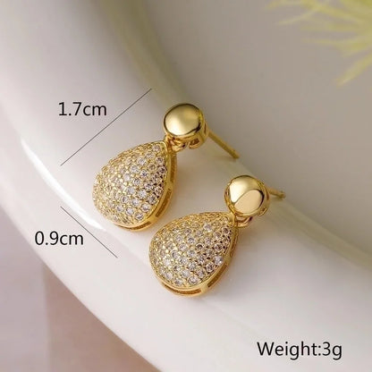 1 Pair Retro Minimalist Commute Round Water Droplets Inlay Copper Zircon 18K Gold Plated Drop Earrings