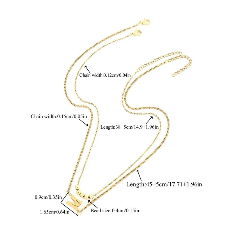 2 Pcs/set Gold Classic Fashion Initial Letter Copper Bead Stainless Steel Bracelet Women Necklace Suit