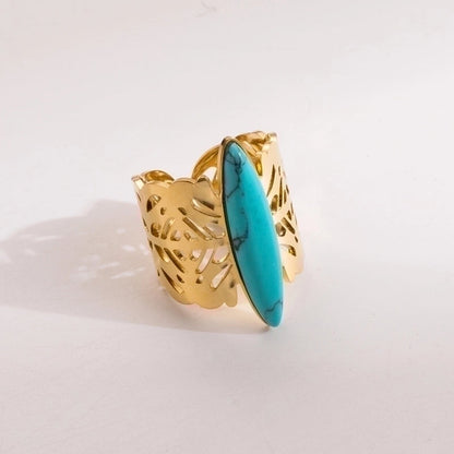 2 Pieces Vintage Style Minimalist Oval 304 Stainless Steel Natural Stone 14K Gold Plated Inlay Open Rings