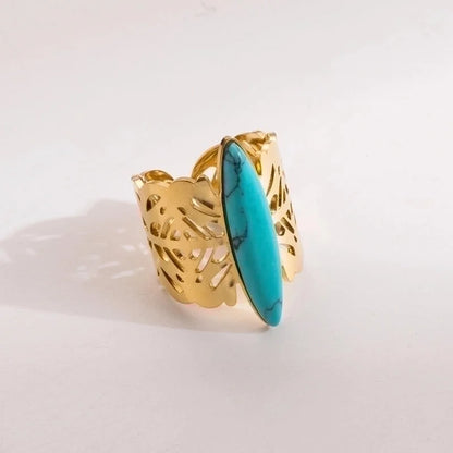 2 Pieces Vintage Style Minimalist Oval 304 Stainless Steel Natural Stone 14K Gold Plated Inlay Open Rings