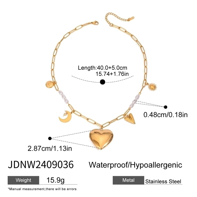 Minimalist Classic Style Sun Heart Shape Butterfly 304 Stainless Steel Zircon 18K Gold Plated Pearl Inlay Multi Charms Necklace
