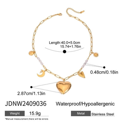 Minimalist Classic Style Sun Heart Shape Butterfly 304 Stainless Steel Zircon 18K Gold Plated Pearl Inlay Multi Charms Necklace
