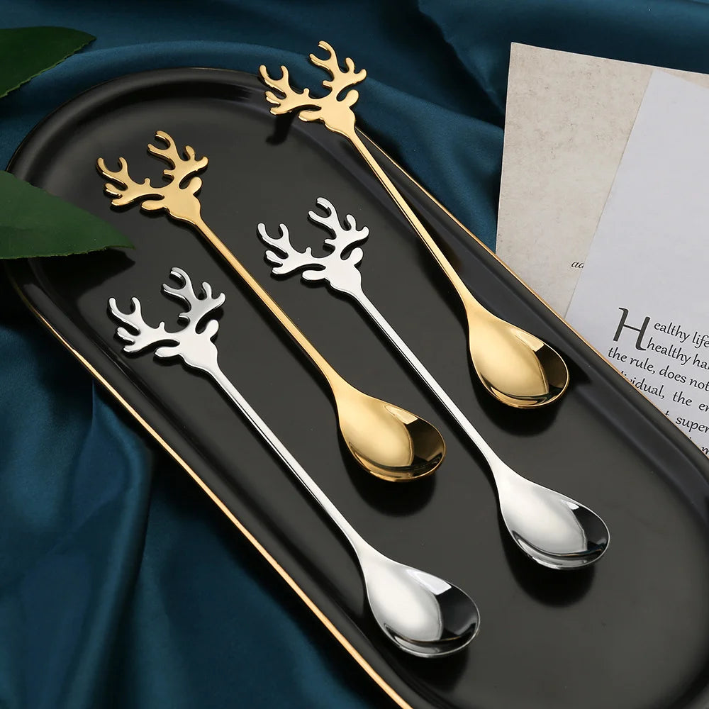J304 Stainless Steel Elk Spoon And Fork Set Christmas Spoon And Fork Set Coffee Stirring Spoon Dessert Christmas Spoon