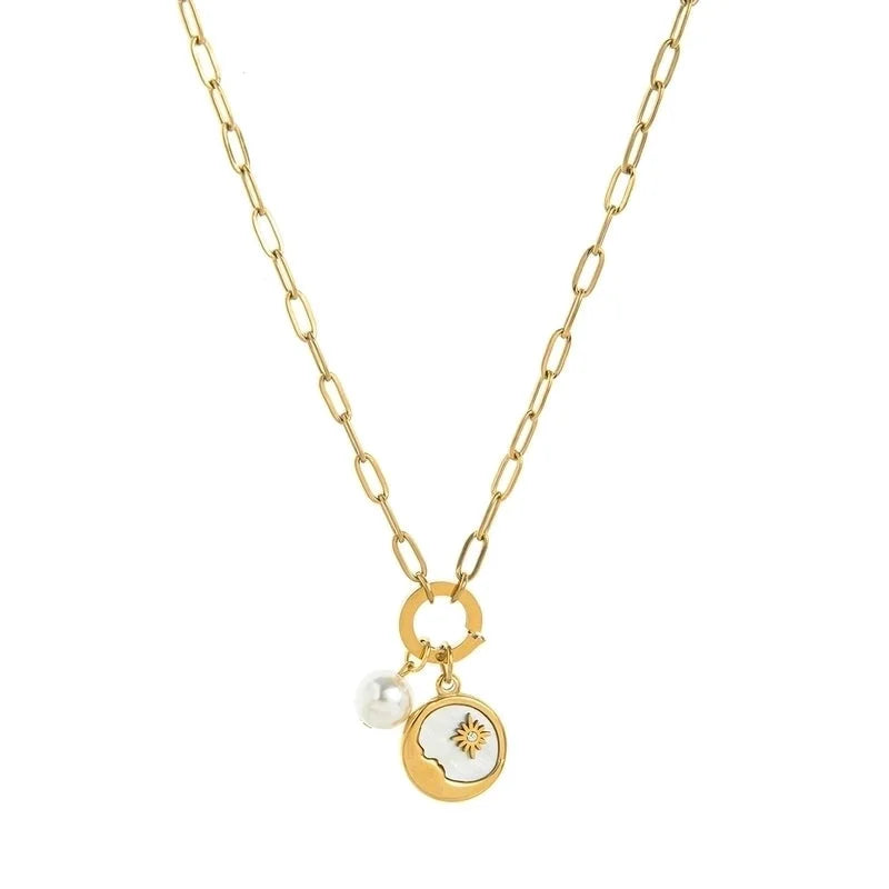 Minimalist Sun Moon Heart Shape 201 Stainless Steel 304 Stainless Steel Zircon 18K Gold Plated Beaded Pendant Necklace