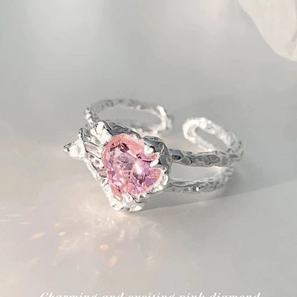 Sweet Geometric Heart Shape Bow Knot Copper Plating Inlay Zircon Open Rings