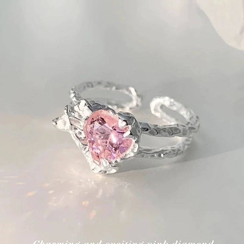 Sweet Geometric Heart Shape Bow Knot Copper Plating Inlay Zircon Open Rings