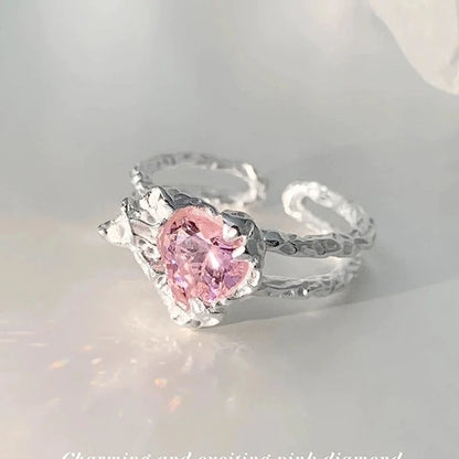 Sweet Geometric Heart Shape Bow Knot Copper Plating Inlay Zircon Open Rings