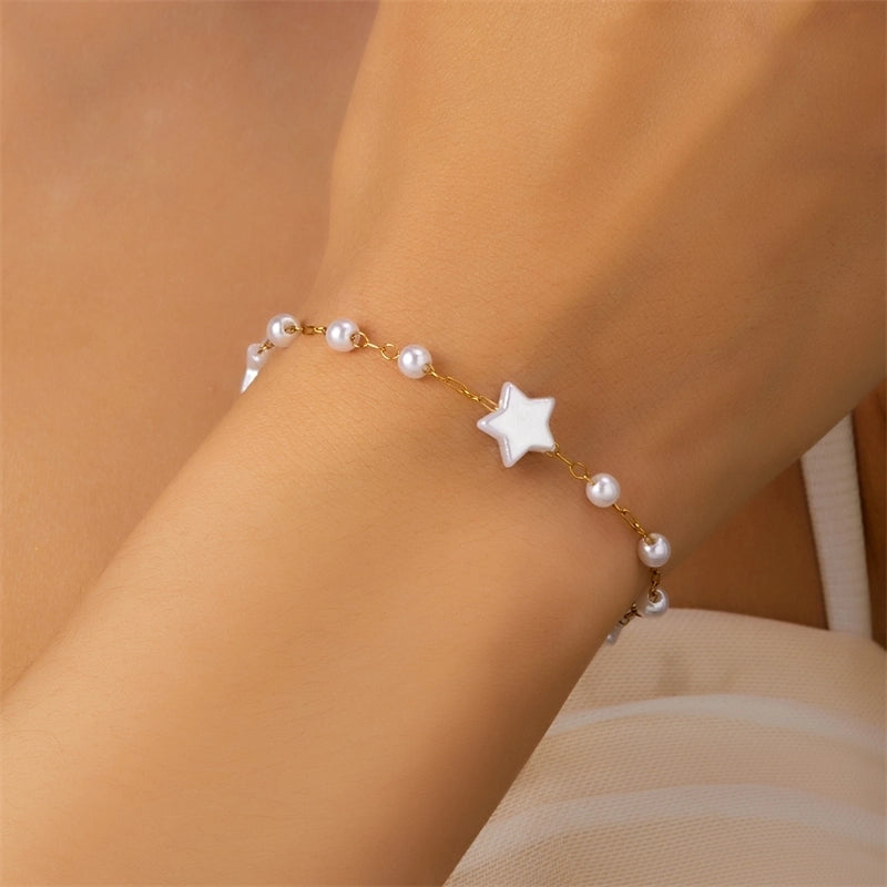 Fairy Style Marine Style Minimalist Pentagram Heart Shape Eye Imitation Pearl Alloy Copper Enamel Women's Bracelets Anklet