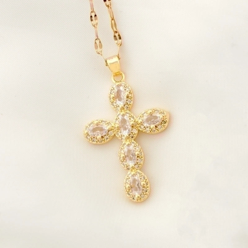Stainless Steel 18K Gold Plated Vintage Style Plating Inlay Geometric Cross Rhinestones Pearl Zircon Pendant Necklace