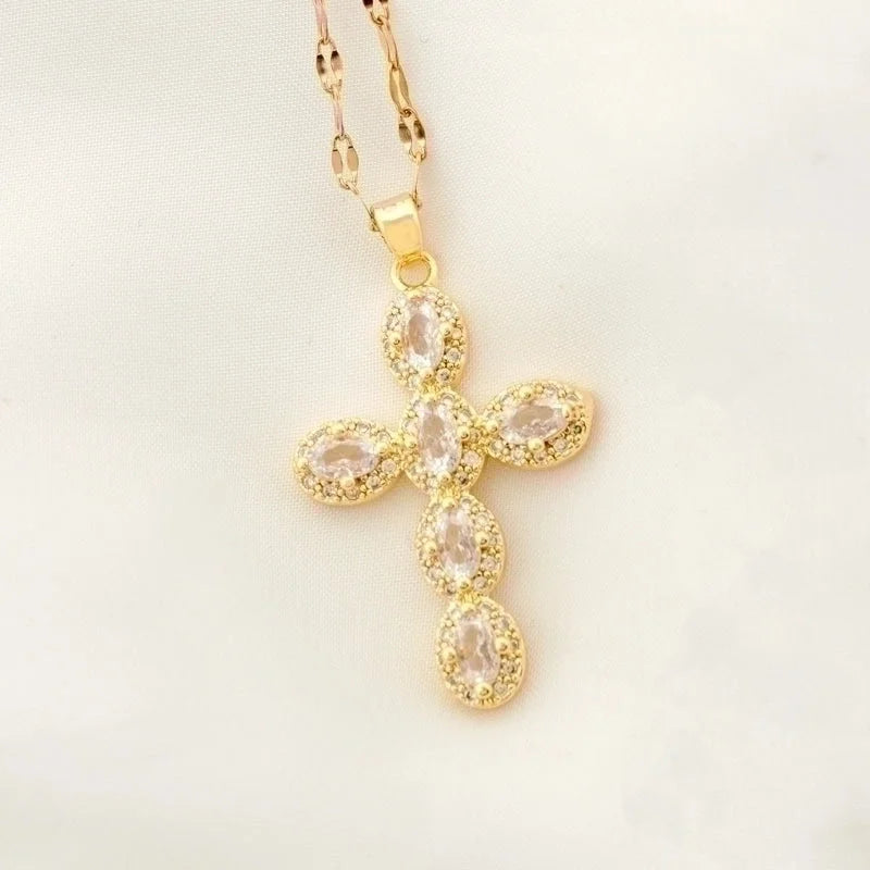 Stainless Steel 18K Gold Plated Vintage Style Plating Inlay Geometric Cross Rhinestones Pearl Zircon Pendant Necklace