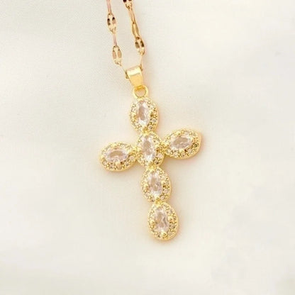 Stainless Steel 18K Gold Plated Vintage Style Plating Inlay Geometric Cross Rhinestones Pearl Zircon Pendant Necklace
