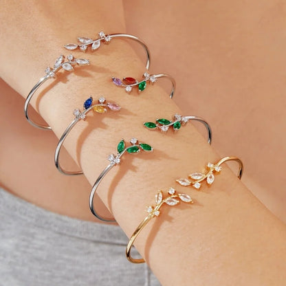 Copper K Gold Plated Shiny Metallic Inlay Geometric Leaf Zircon Bangle