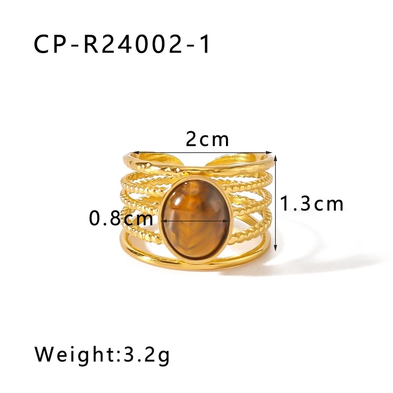 Vintage Style Modern Style Minimalist Oval 304 Stainless Steel Natural Stone 18K Gold Plated Hollow Out Inlay Open Rings