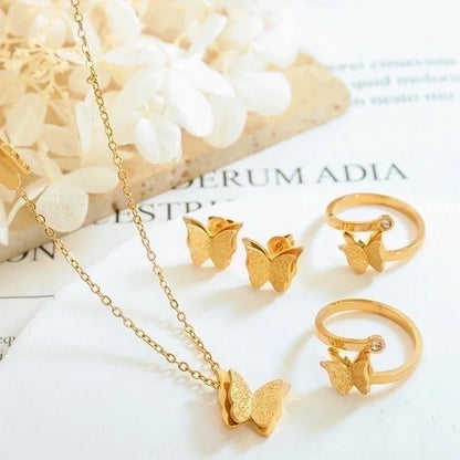 Classic Style Butterfly 304 Stainless Steel Zircon 18K Gold Plated Inlay Rings Earrings Necklace