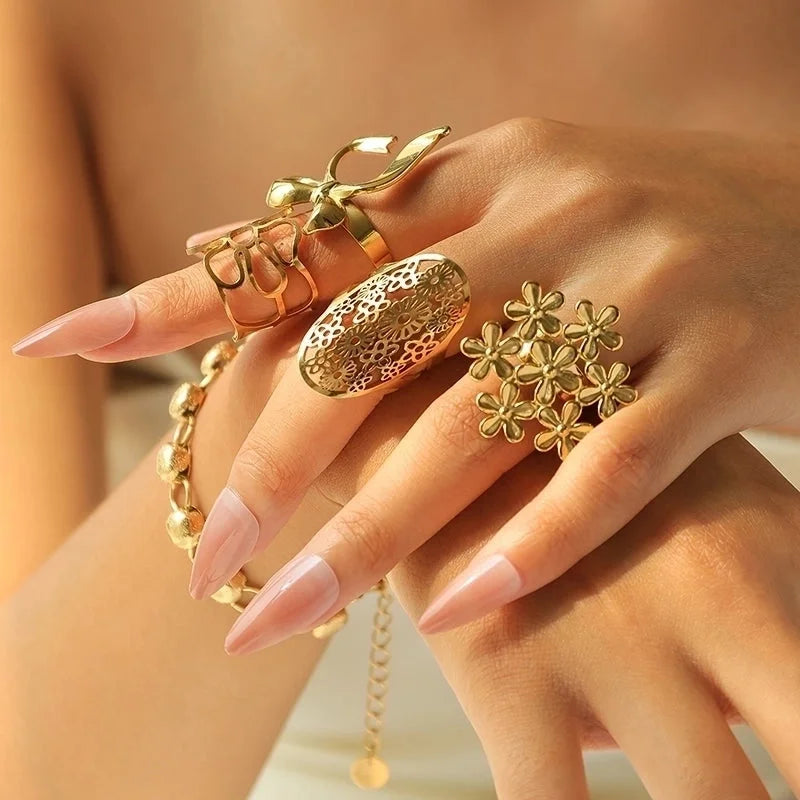 Elegant Romantic Artistic Flower Bow Knot 304 Stainless Steel 14K Gold Plated Hollow Out Open Rings