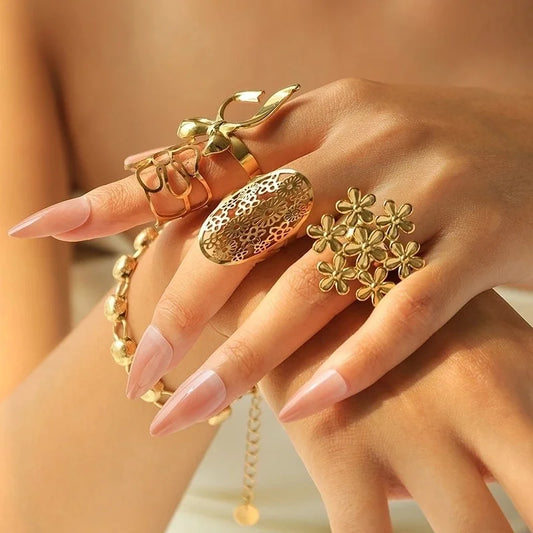 Elegant Romantic Artistic Flower Bow Knot 304 Stainless Steel 14K Gold Plated Hollow Out Open Rings