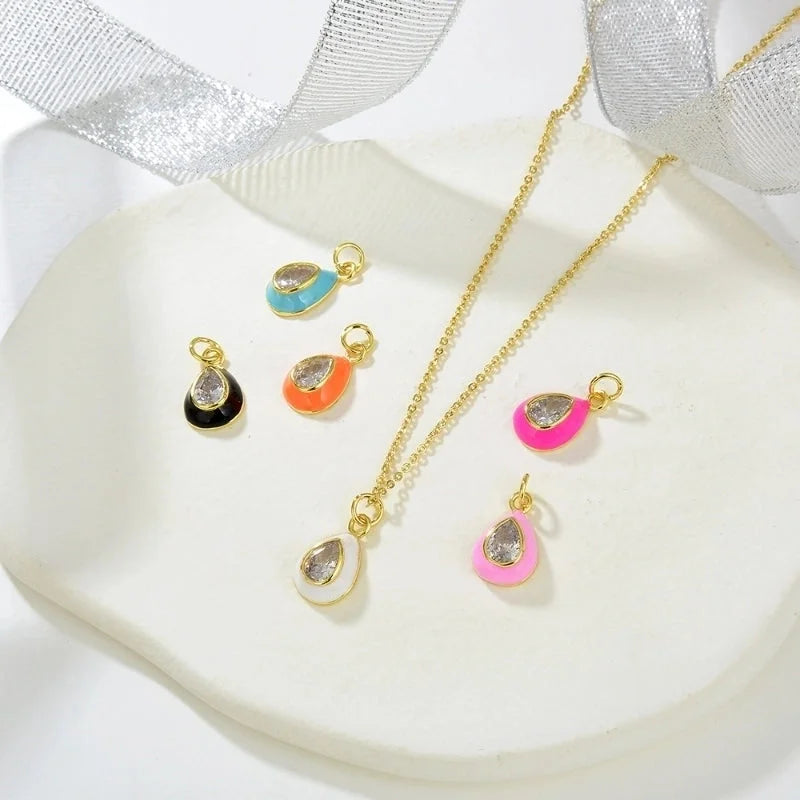 Copper Enamel Inlay Water Droplets Zircon Pendant Necklace