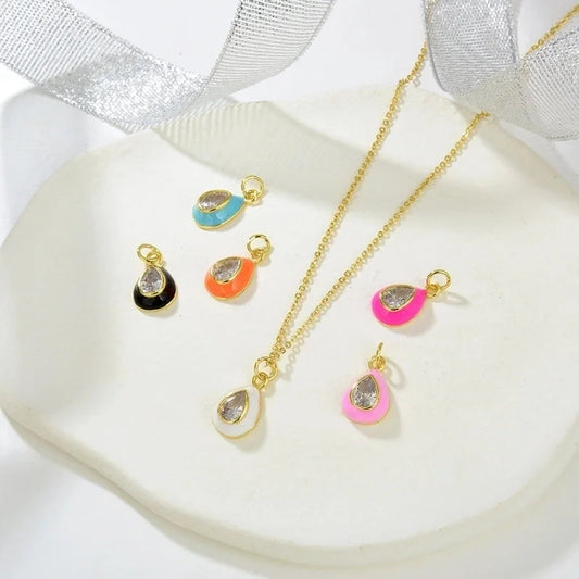 Copper Enamel Inlay Water Droplets Zircon Pendant Necklace
