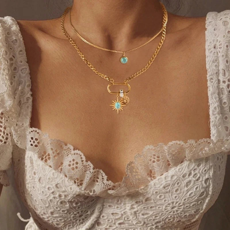 304 Stainless Steel 18K Gold Plated Elegant Lady Streetwear Plating Inlay Sun Turquoise Zircon Double Layer Necklaces Pendant Necklace