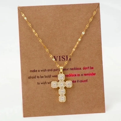 Stainless Steel 18K Gold Plated Vintage Style Plating Inlay Geometric Cross Rhinestones Pearl Zircon Pendant Necklace