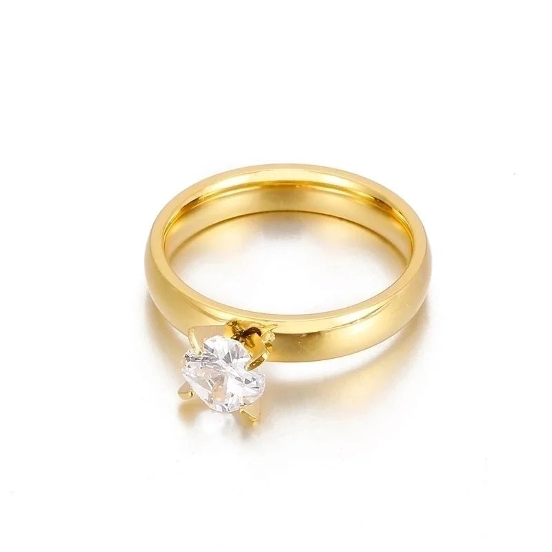Minimalist Classic Style Solid Color Titanium Steel Rhinestones 18K Gold Plated Inlay Rings
