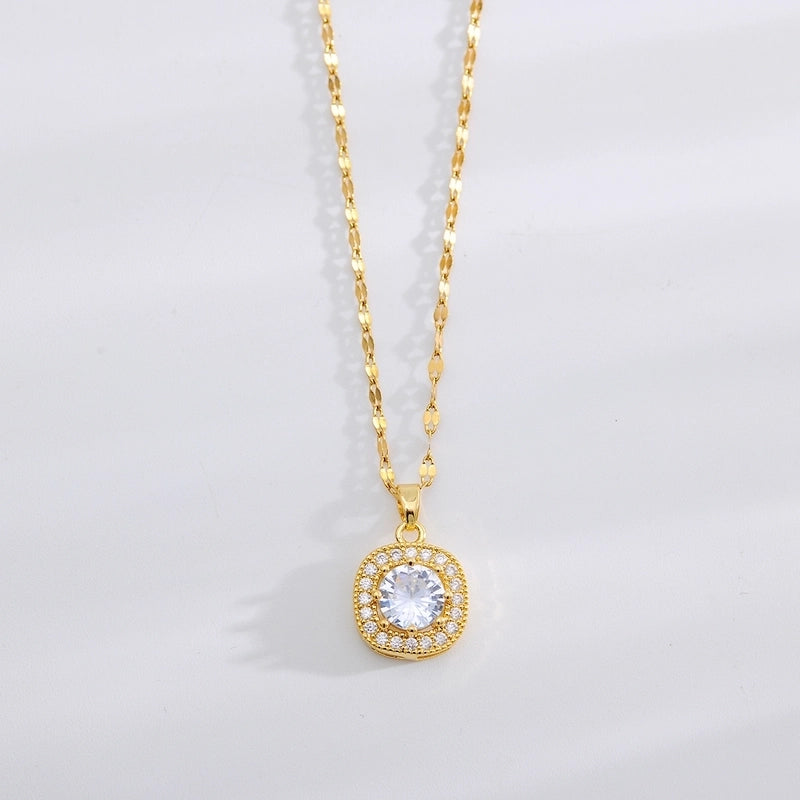 Copper 18K Gold Plated Minimalist Shiny Inlay Square Zircon Rings Earrings Necklace